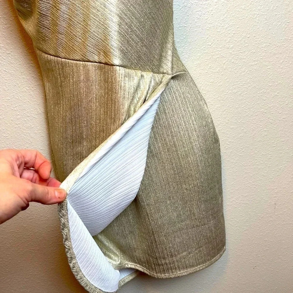 Fashion Nova metallic gold bodycon dress with tulip flap detail in front. - Picture 3 of 11